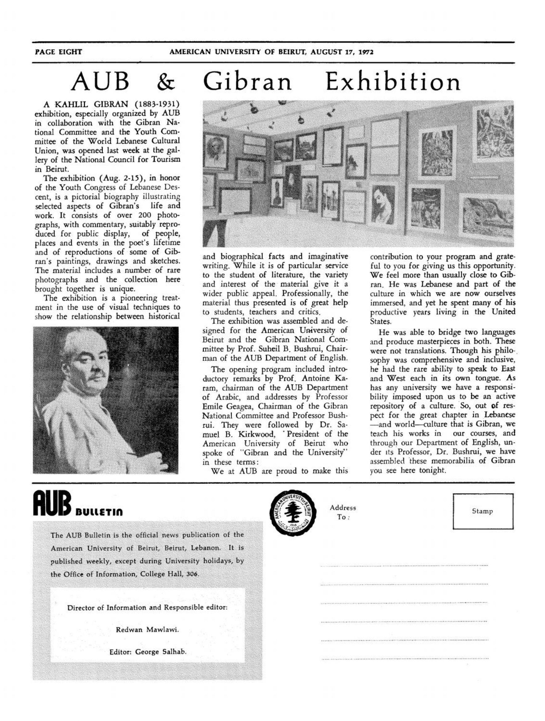 "AUB & Gibran Exhibition", American University of Beirut, Aug 17, 1972, p. 8.